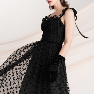 Black Mesh Polka Dot Print Elegant Halter Evening Dress