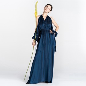 Елегантна француска дуга вечерња хаљина са дугим рукавима од тамноплавог сатена дугих рукава