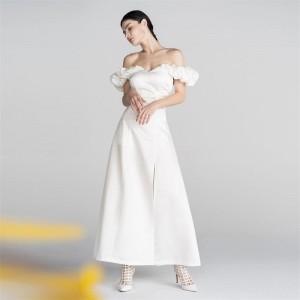 Մեկ ուսի սպիտակ նրբագեղ ֆրանսիական պարզ երկար սպիտակ զգեստ