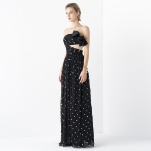 Must täpiline rinnahoidja prantsuse elegantne pikk kleit