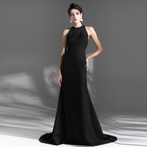 검은 활 간단한 바닥 길이 섹시한 이브닝 드레스