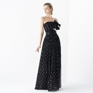Rochie lungă elegantă franceză bustieră neagră cu buline