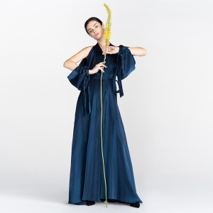 Navy Satin Tencel Long Sleeve Quality Elegant French Long Vesper Dress