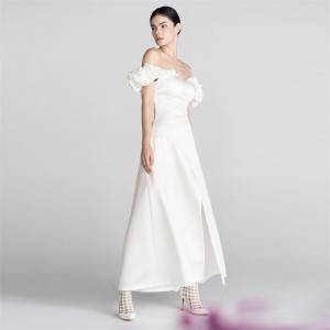 En-axel vit Elegant fransk enkel lång vit klänning