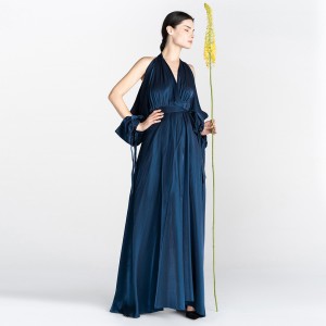 Navy Satin Tencel Long Sleeve Quality Elegant French Long Evening Dress