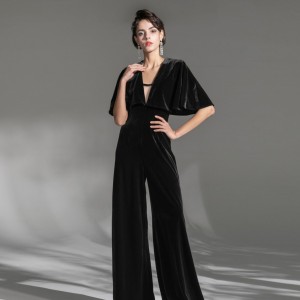 Black Velvet Sexy Deep V Elegant Long Jumpsuit