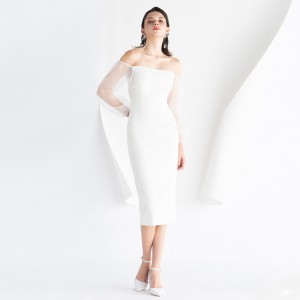 Biele spoločenské večerné šaty midi s dlhým rukávom na jedno rameno
