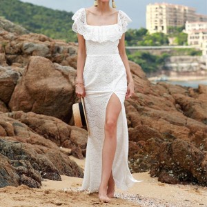 White Lace Hollow Beach Ruffle Yek-Shoulder Dress