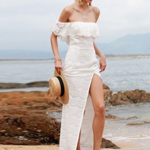 Бела чипка Hollow Beach Ruffle фустан со едно рамо