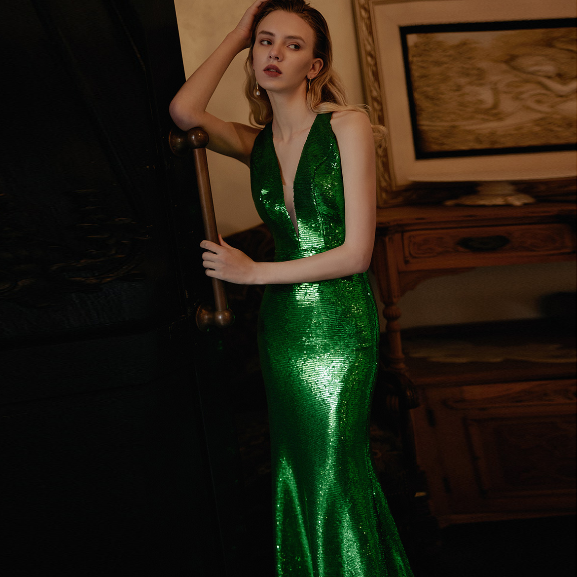 主图Green Sequin Luxury Halter Party Long Evening Gown Bridal (7)