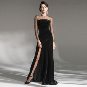 Luksuzna elegantna črna žametna dolga večerna obleka iz mrežastega kropa