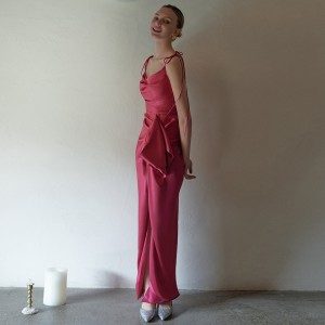 Rose Silk Halter Pleated Elegant Party Evening Dress