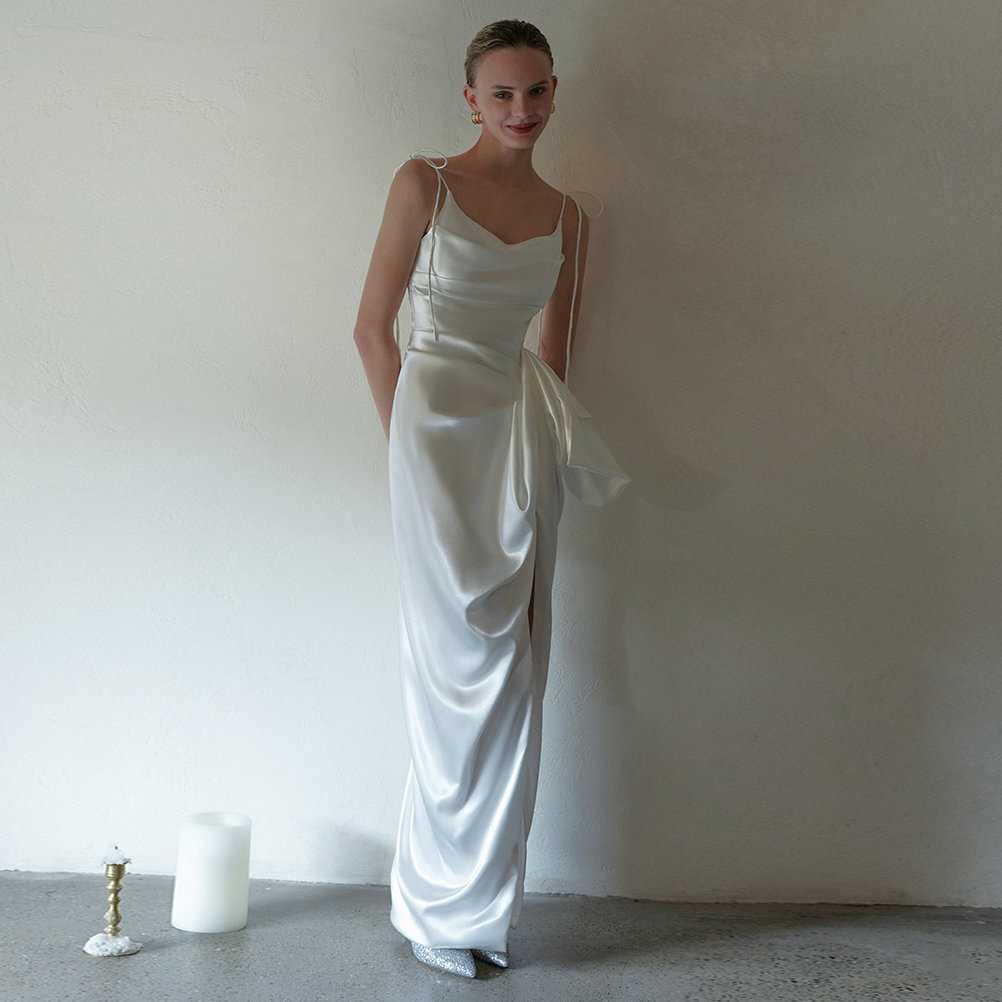 主图White Silk Satin Halter Bow Elegant Party Evening Dress (2)