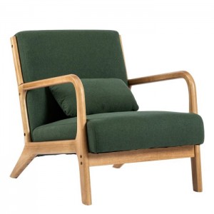Ленен тапациран фотелја со акцент од цврсто дрво со перница-2