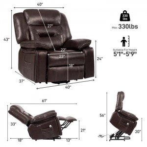 Cadeira reclinável auxiliar de elevação elétrica de couro sintético de grandes dimensões com aquecimento e massagem