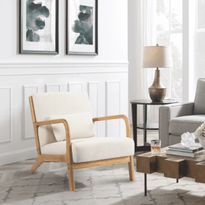 Linen Upholstered Solid Wood Accent Armchair with Pillow