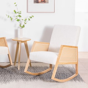 Moderna stolica za ljuljanje od tkanine s visokim naslonom i rukohvatima od ratana