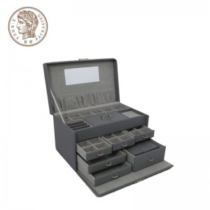 Luxury Women Large Leather Drawer Lock Jewellery Bracelet Necklace Storage Grey Case Jewelry Box