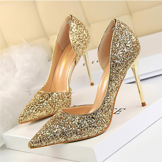 Scarpe da donna con glitter dorati, scarpe da sposa da donna brillanti, scarpe da sposa personalizzate