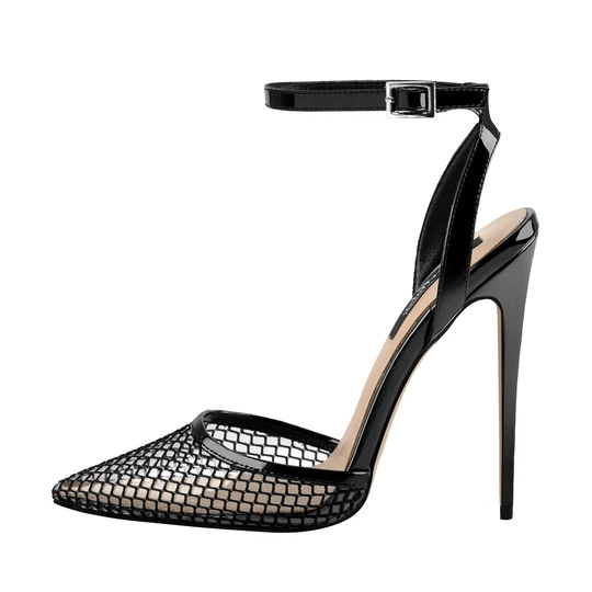 Aṣa dudu PVC Strappy Cover Mesh Hollow High Heels sandals