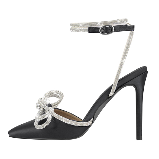 Черни сатенени сандали с висок ток с кристална панделка и остър пръст за 2022 г. с гореща разпродажба
