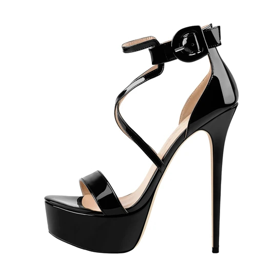 Black Metallic Lustre Platform Cross-tied High Heel 16CM Stiletto Sandals
