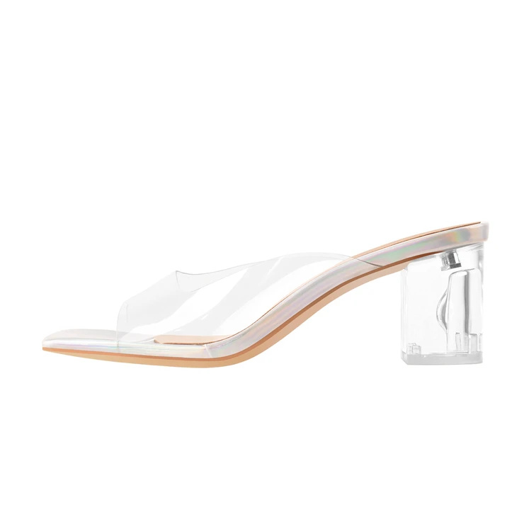 Holografické transparentní sandály se čtvercovou špičkou na robustním podpatku Mules, dámské sandály na robustním podpatku na zakázku