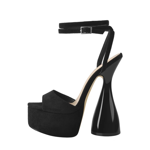 Sandale cu toc inalt cu platforma din piele intoarsa neagra Sandale personalizate pentru femei cu toc inalt