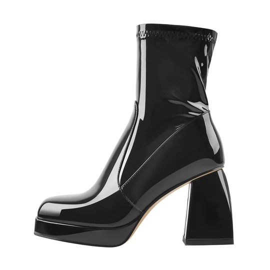 Black Patent Leather Square Chunky Heels Ankle Strap Platform Boots