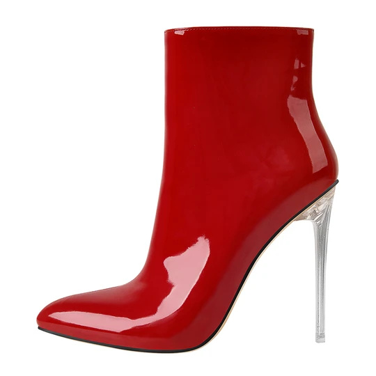 Red Patent Leather Clear Heel Ankle Boots