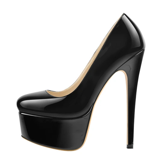 Patent Leather Rounde Toe Platform Black Stiletto High Heels Paompy