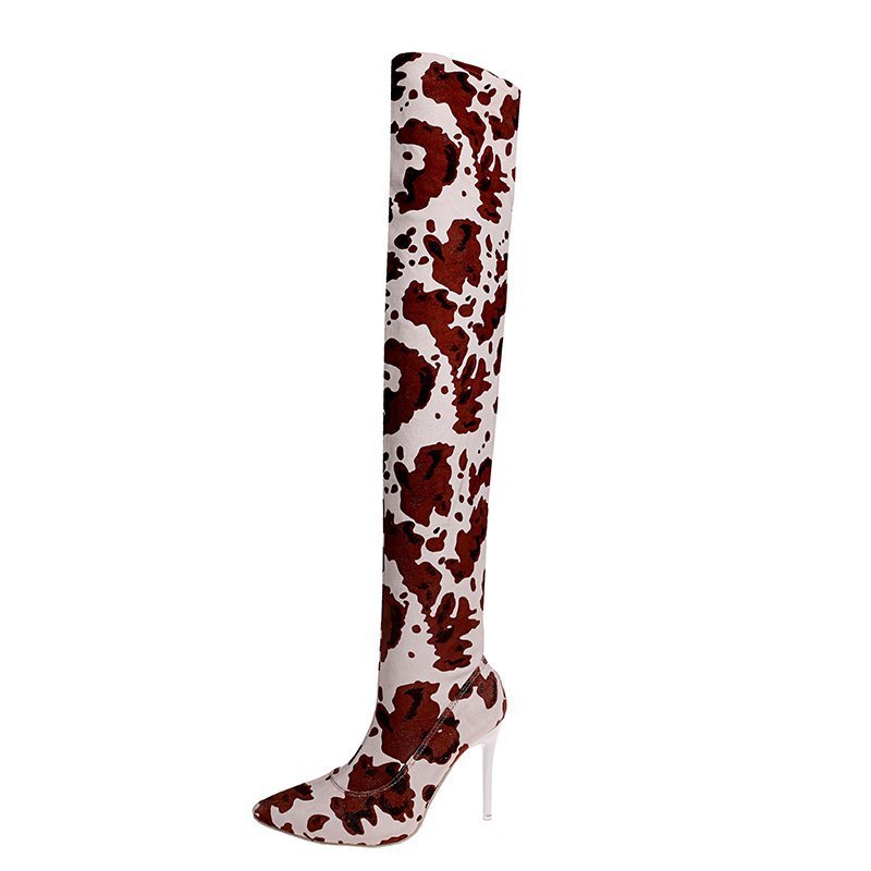 I-Winter Fashion Cow Print Sexy Pointed Toe High Heel High Half-side Zip Over Knee High Boots E-Sexy Ngokwezifiso Usayizi Omkhulu 45