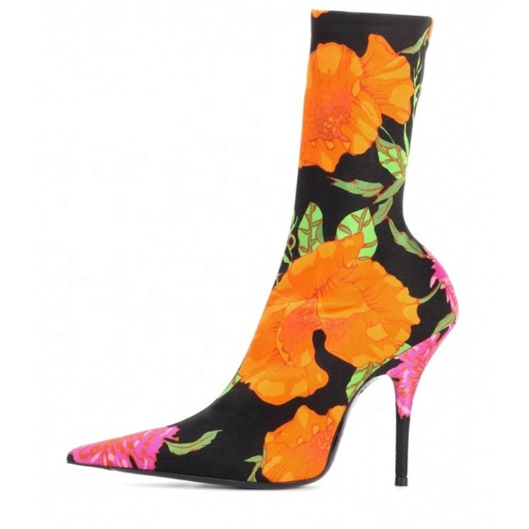 Colore motivo stampato stampato Stivali elastici a spillo con punta a punta Stivali a calzino corto con tacco alto da donna