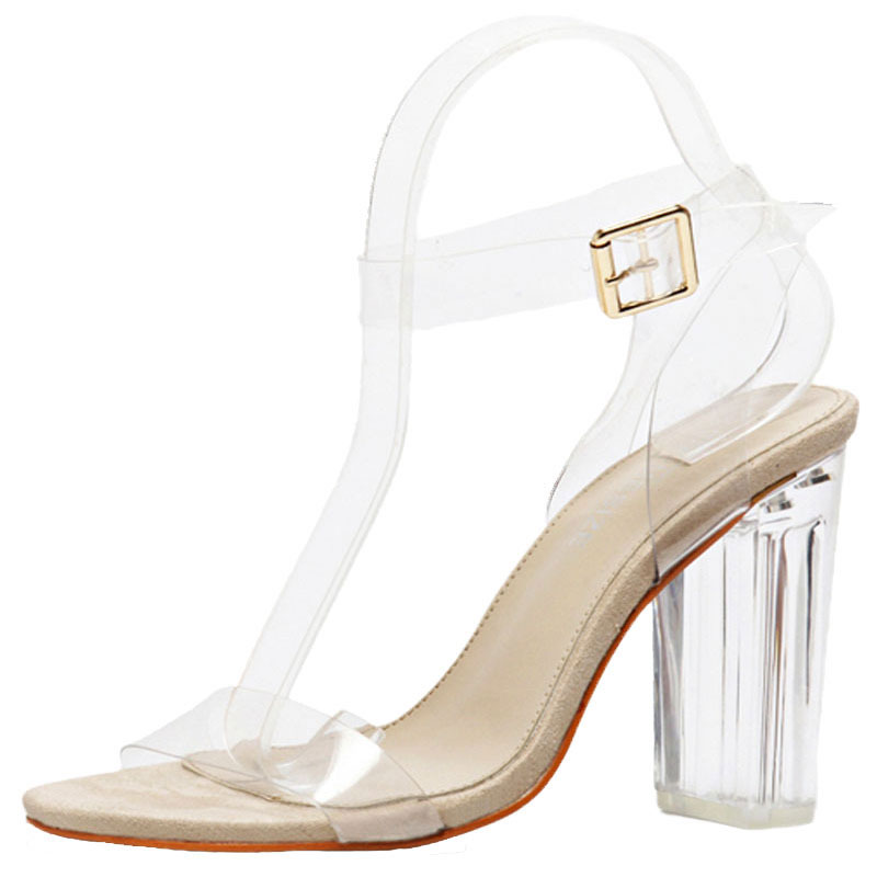 Sandal tumit transparan tebal musim panas sepatu hak tinggi wanita kulit PU ujung terbuka kristal bening untuk wanita