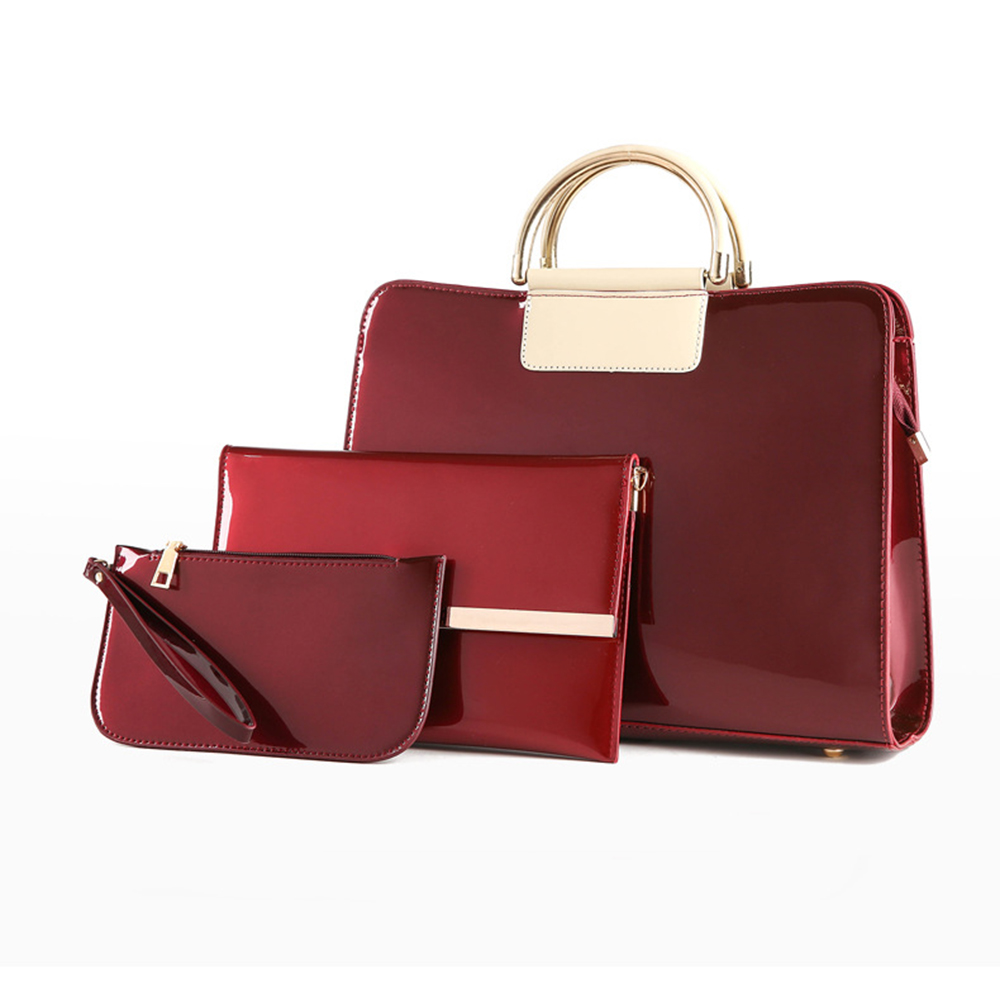 Hot selling low price OL bag classic 4 color 3-piece set wine pu leather women tote hand bag