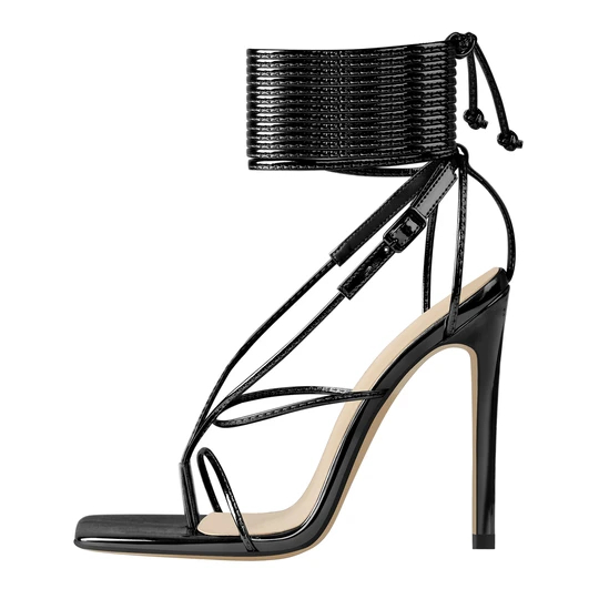 Factory Supply Silver Glitter Sandals -
 Black Square Toe Strap High Heel Stiletto Sandals – Xinzi Rain