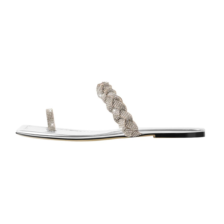 Silver Rhinestone Flat Sandals በቅሎዎች ብጁ Rhineston ሴቶች ተረከዝ ጫማ
