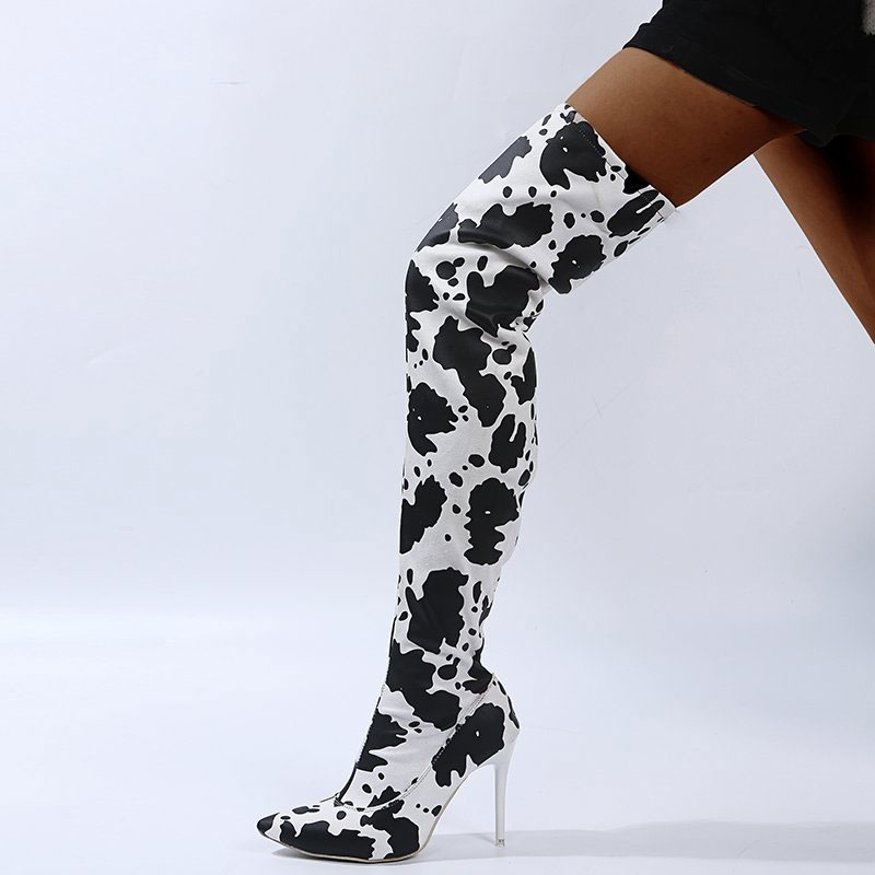 Moda inverno vaca impressão sexy dedo do pé apontado salto alto meio lado zip sobre o joelho botas altas sexy personalizado tamanho grande 45