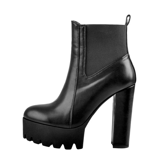 Round Toe Matte Black Leather Platform Chunky High Heel Ankle Boots
