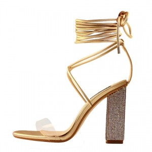Bottom price Luxury Sandals For Women -
 Rhinestone Chunky High Heel Lace up Sandals – Xinzi Rain