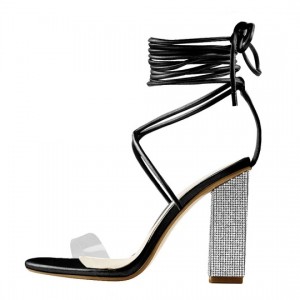 China Cheap price Dolce And Gabbana Flats -
 Rhinestone Chunky High Heel Lace up Black Sandals – Xinzi Rain