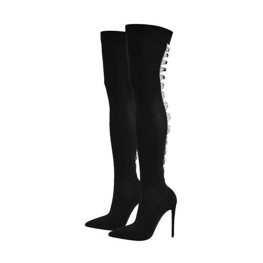 Thigh High Pointy Toe Stiletto Stretch Likod Hollow Out Stocking Booties