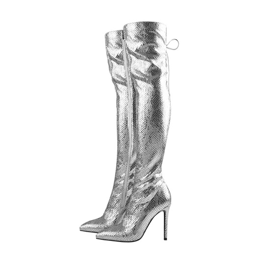 Pointed Toe Metallic Silver Thigh Bootie