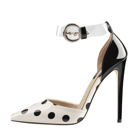 Zapatos de tacón alto de tacón de aguja transparentes con correas de nocello de lunares con punteados personalizados
