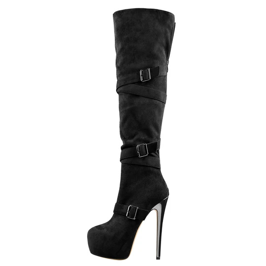 Black Suede Platform Kechie Silver Stiletto Over The Knee High Boots