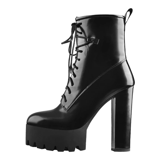 Custom Lace Up Platform Round Toe Chunky Heels Patent Leather Ankle Boots