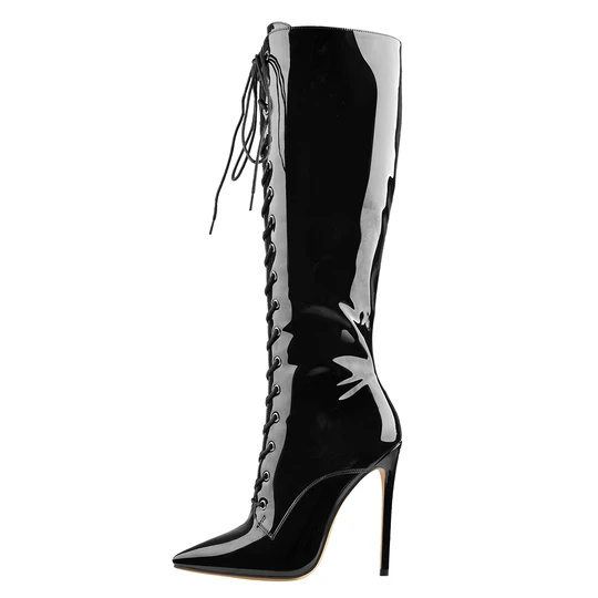 ຂາຍຍົກ custom made Black Patent Leather Lace Up Pointed Toe Knee ເກີບສູງ