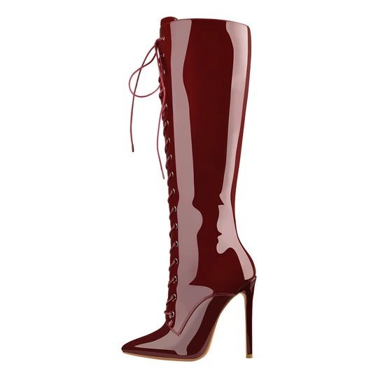 အနီရောင် မူပိုင်ခွင့် Leather Lace Up Pointed Toe Knee High Boots