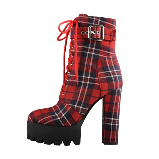 I-Plaid Lace Up Platform Buckle Strap Chunky Heel Round Toe Booties