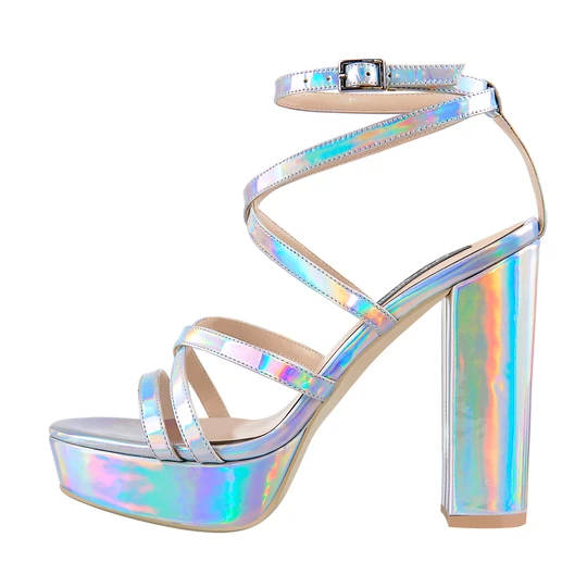 Free sample for Wide Fit Sandals -
 Holographic Open Toe Platform Cross Ankle Strap Chunky Square Heels Sandals – Xinzi Rain